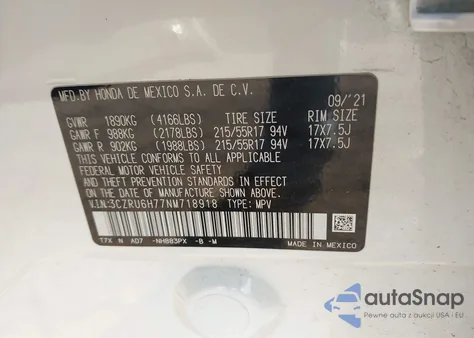 2022 Honda Hr-V Awd Ex-L z USA, uszkodzony, nr VIN 3CZRU6H77NM718918